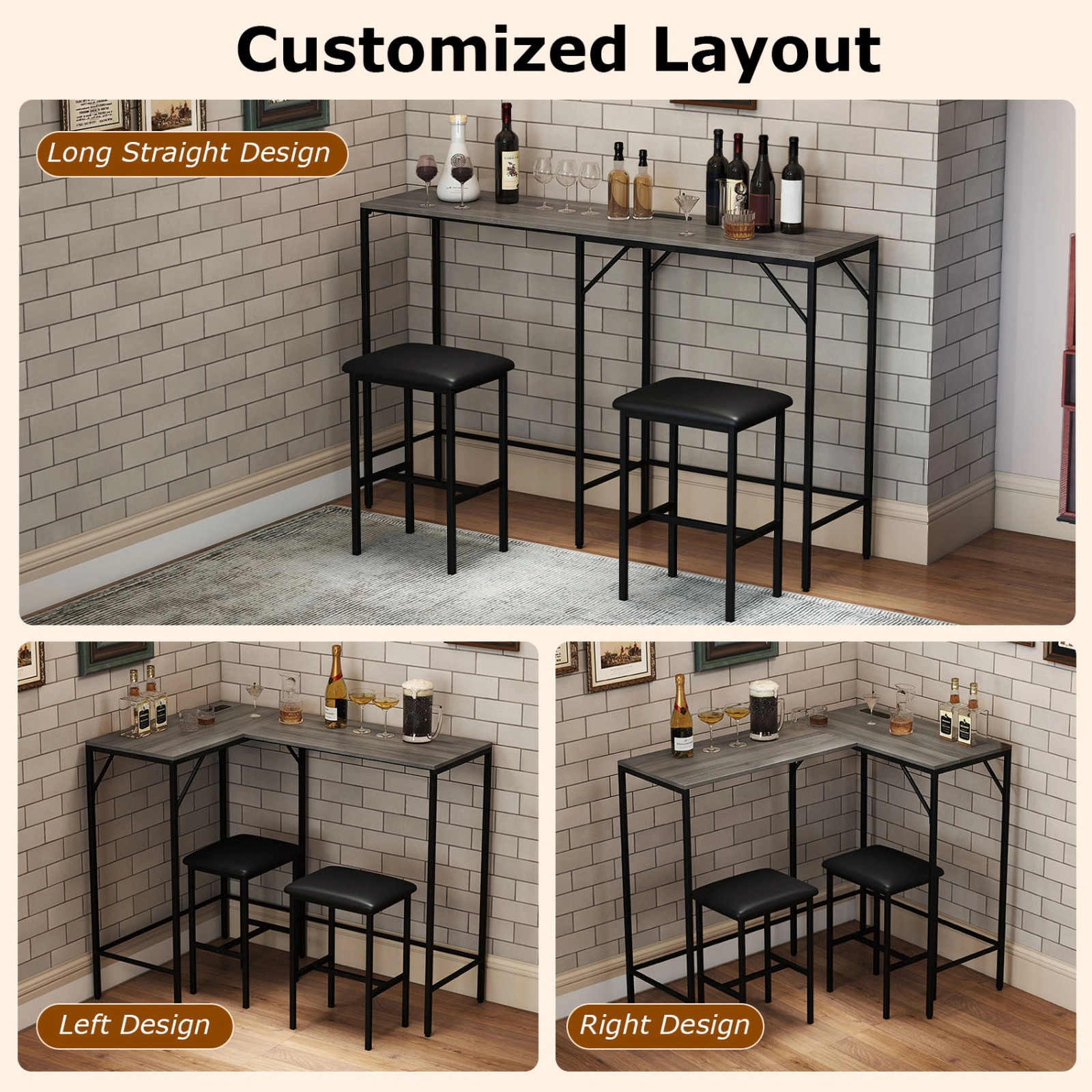 SUGIFT L-Shaped Dining Table and Chair Set with Charging Station 220-lb Table Capacity Industrial Brown and Black