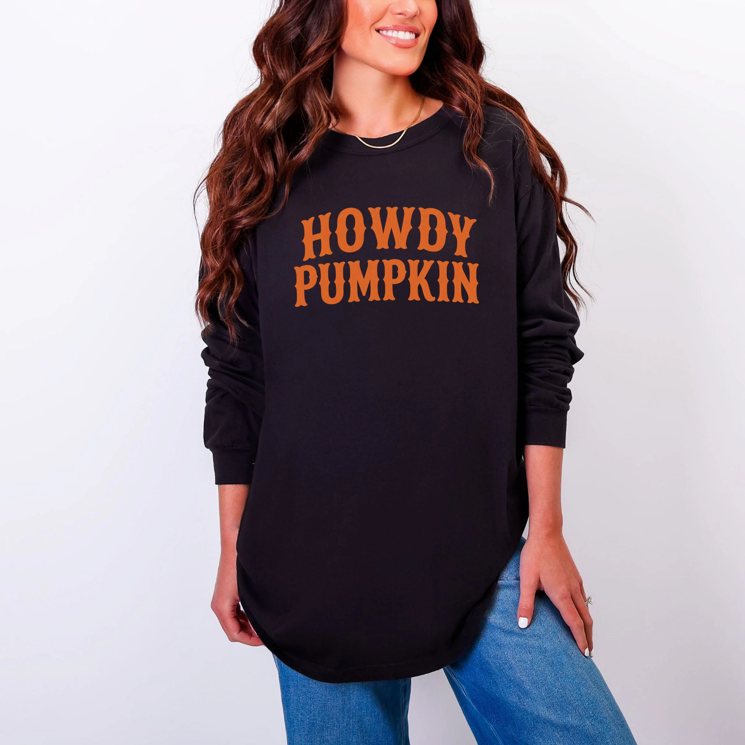 Simply Sage Market - Women's Garment Dyed Long Sleeve Graphic T-Shirt Howdy Pumpkin Western