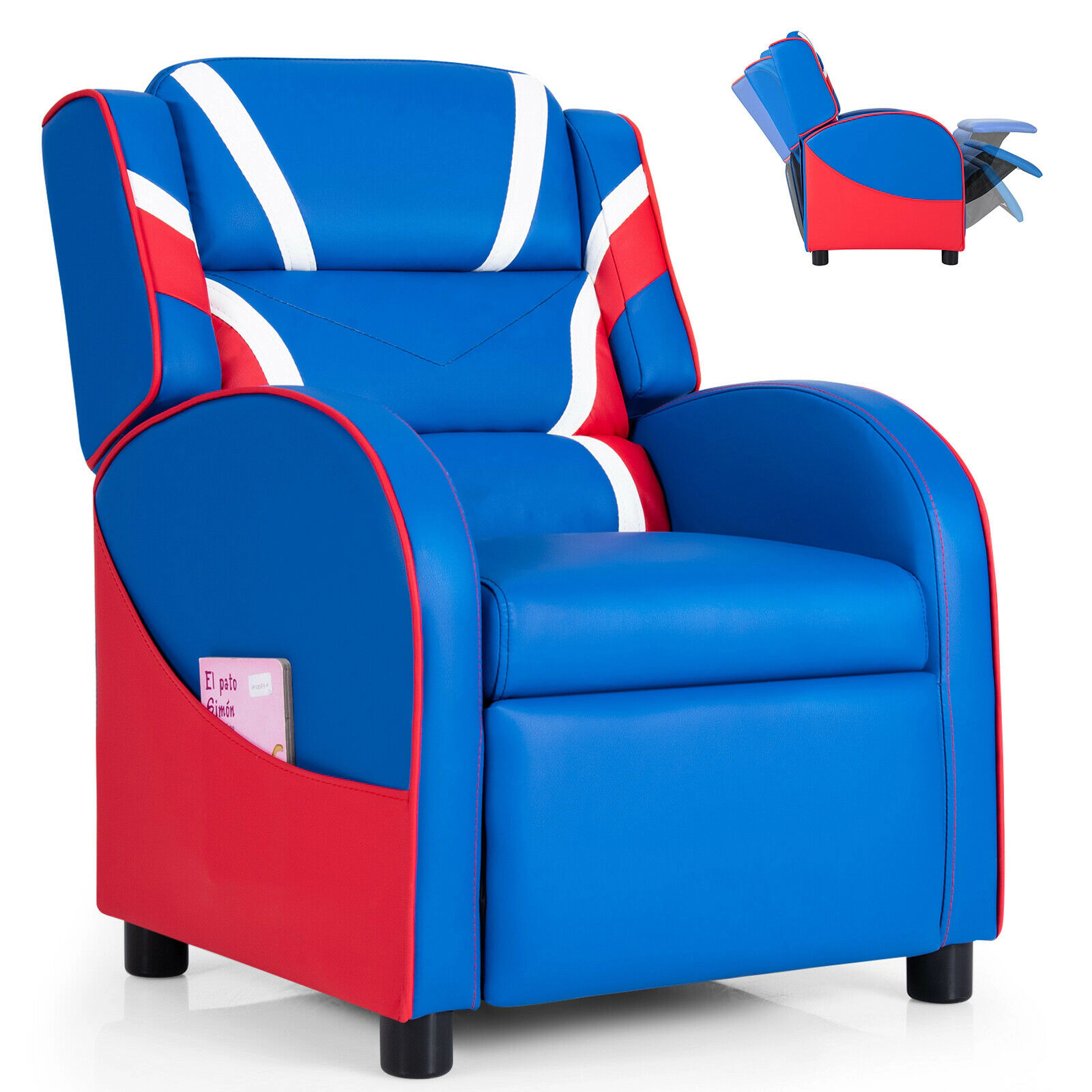 SUGIFT Adjustable PU Leather Kids Recliner Chair with Side Pockets 155-lb Capacity Ages 3-9 30-in Tall Blue