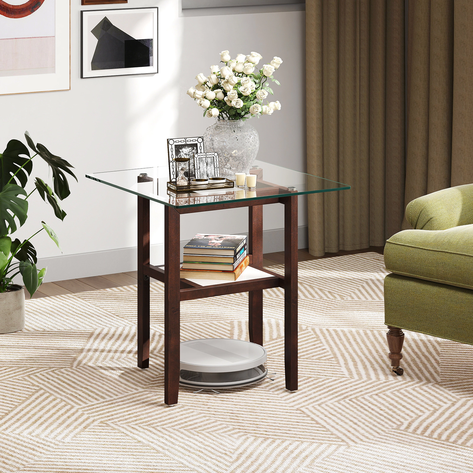 SUGIFT Storage Shelf 150-lb 2-Tier Brown 24 in Square Glass Coffee Table