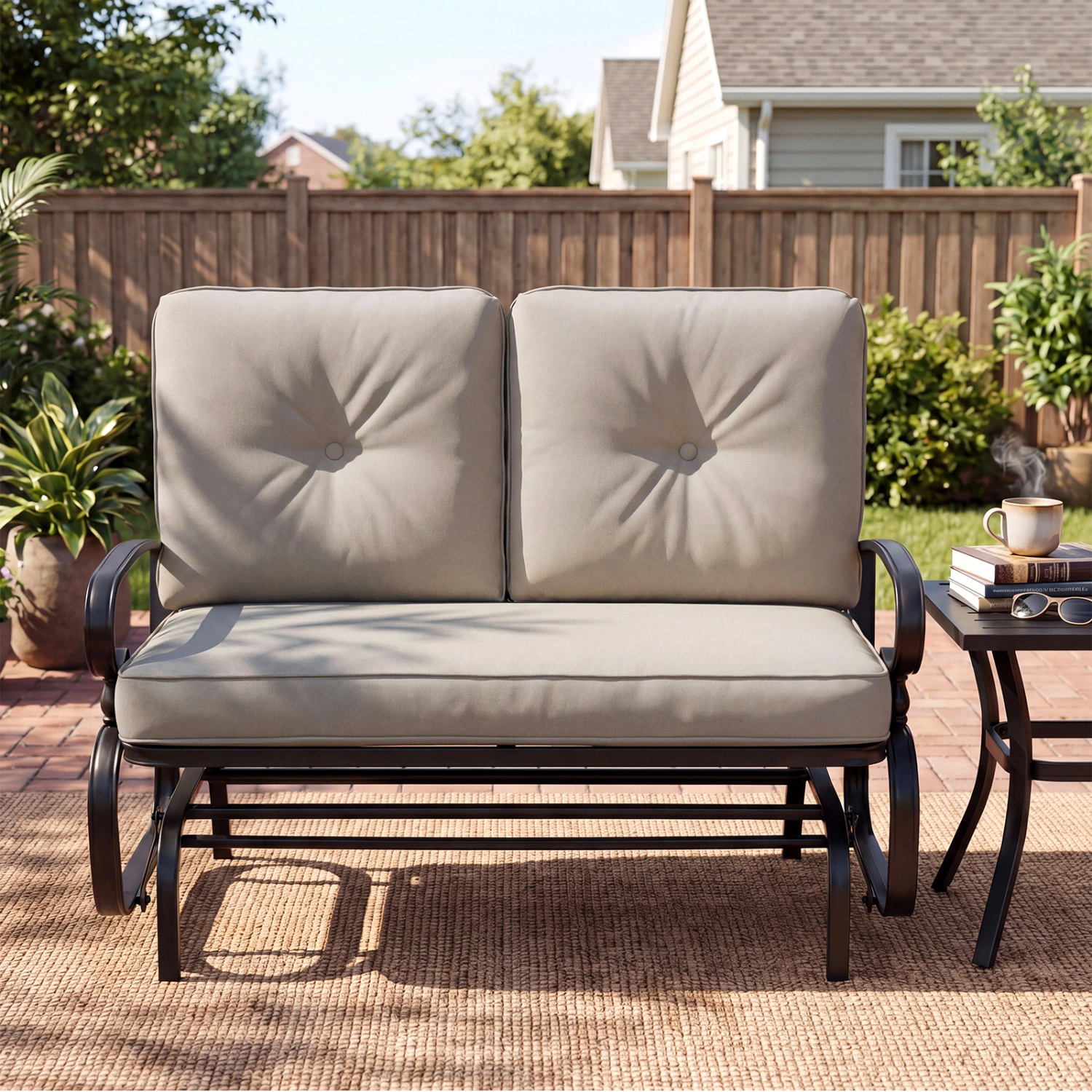 LJG 2 Seats Outdoor Swing Glider Chair with Comfortable Cushions