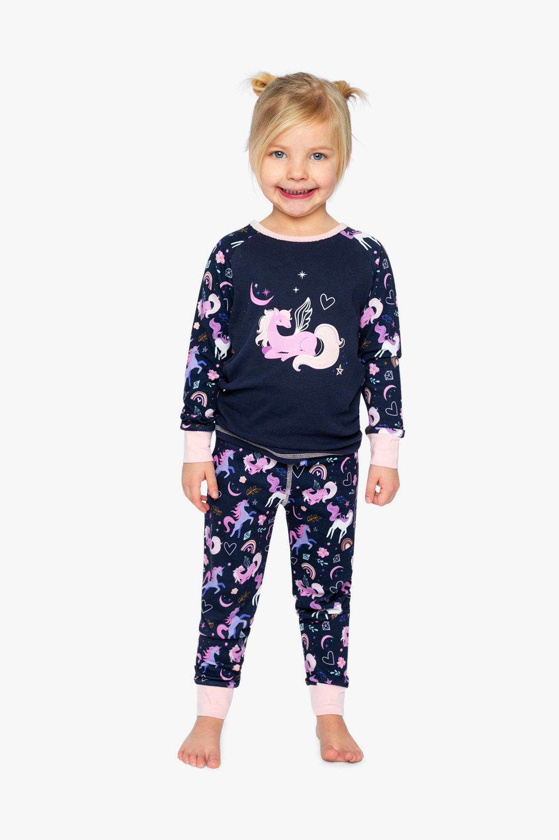 Deux par Girls Organic Cotton Unicorn Two Piece Pajama Set with Raglan Sleeve Top and Waist Pants