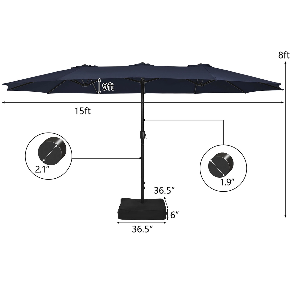 SUGIFT Crank Lift 12 Ribs and Weighted Base 15 FT Double-Sided Twin Patio Umbrella