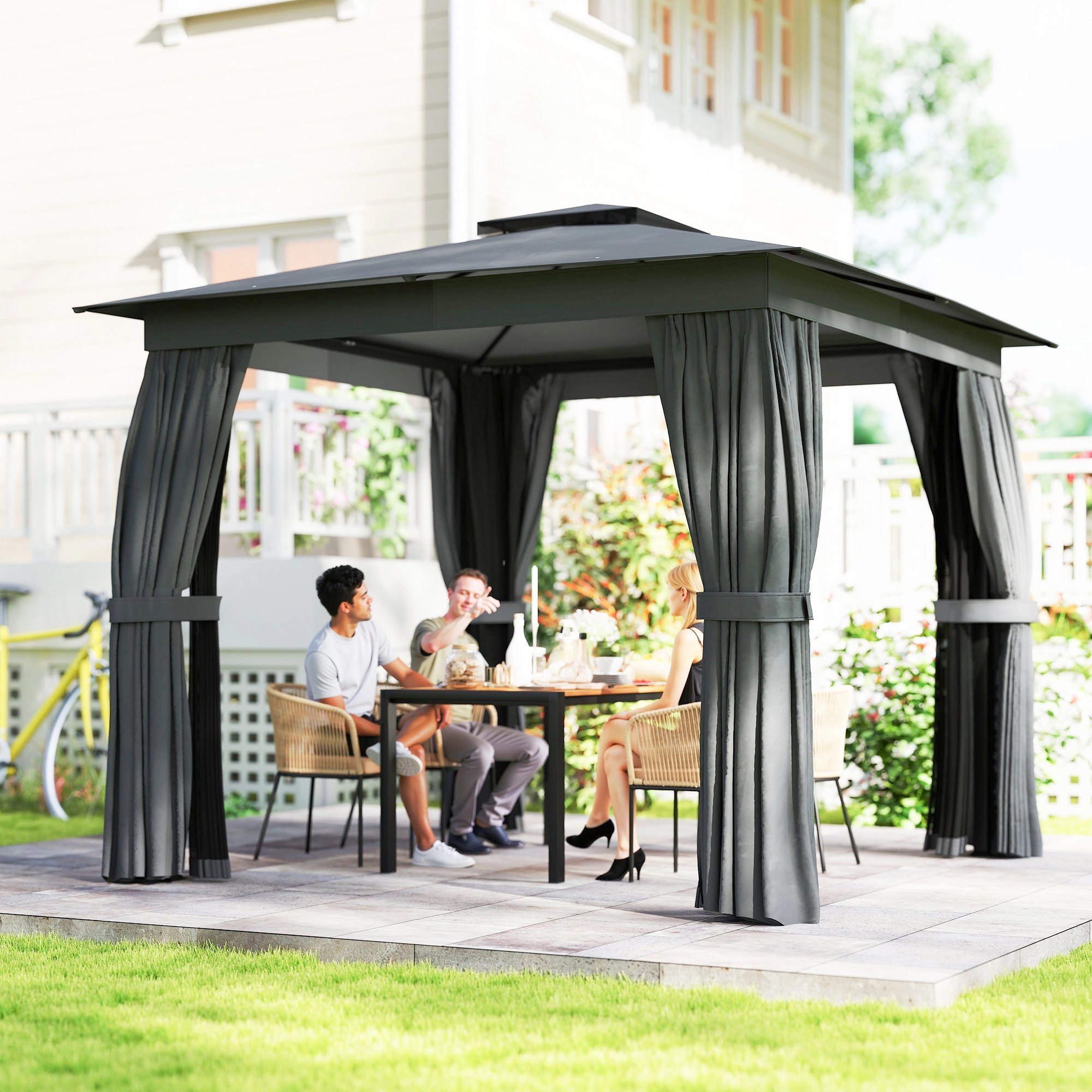 HONGGE Outdoor Patio Gazebo, Soft Top Gazebo Canopy Shelter with Curtains, Netting and Steel Frame