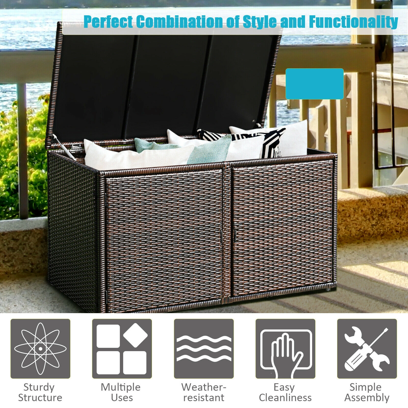 SUGIFT 88-Gallon 2-Shelf PE Rattan Steel Frame Garden Patio Storage Box 45-in x 23.5-in x 25.5-in 110-lb Shelf Brown