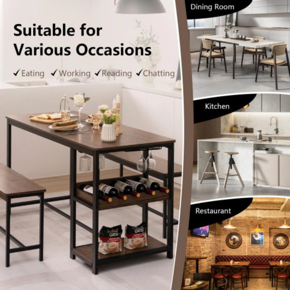 Hivvago 3 Pieces Dining Table Set For 4 With Wine Rack-Brown