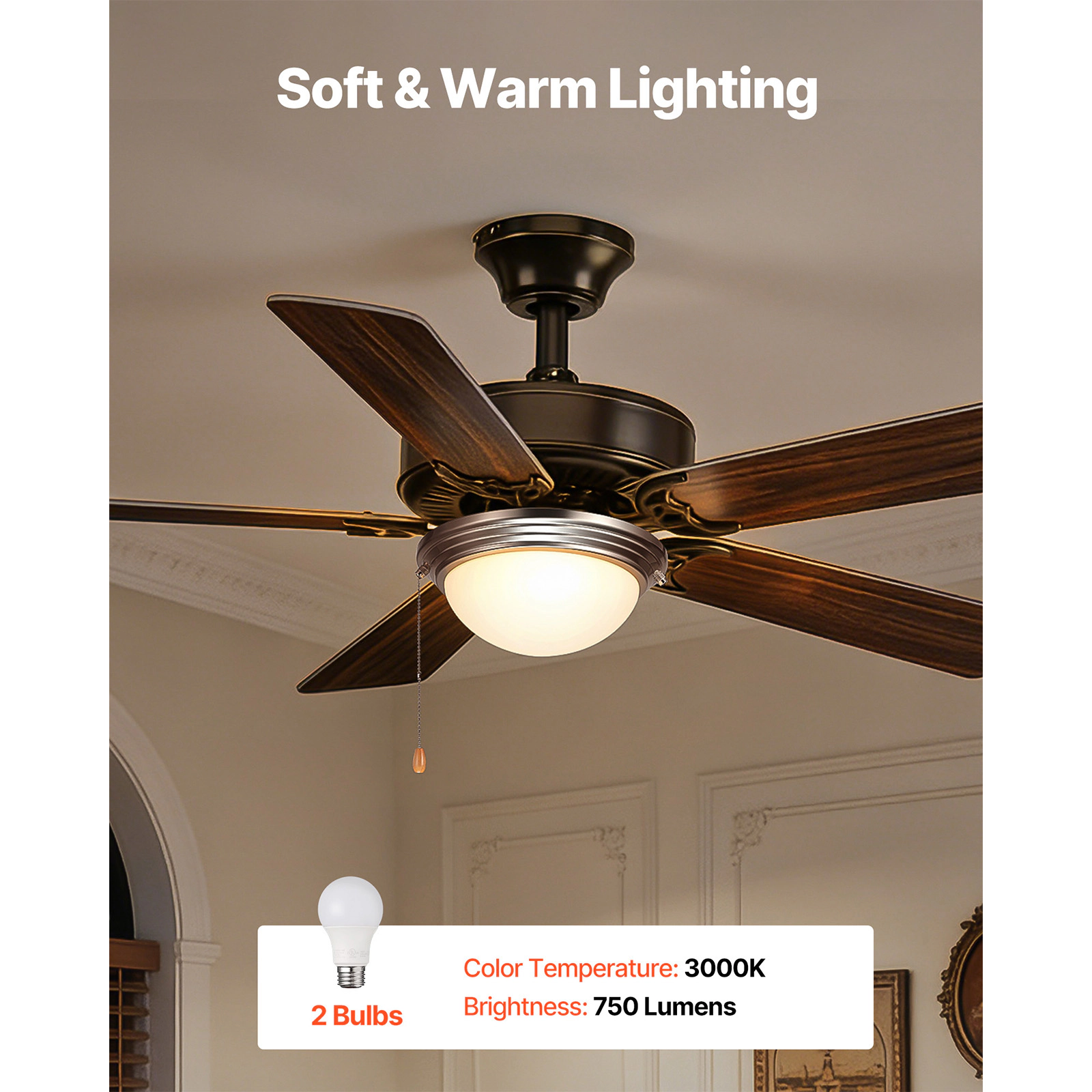 HONGGE Ceiling Fan Light Kit 3000K 750lm with Pull Chain Replacement Fixture for Living Room Bedroom Glass Shade