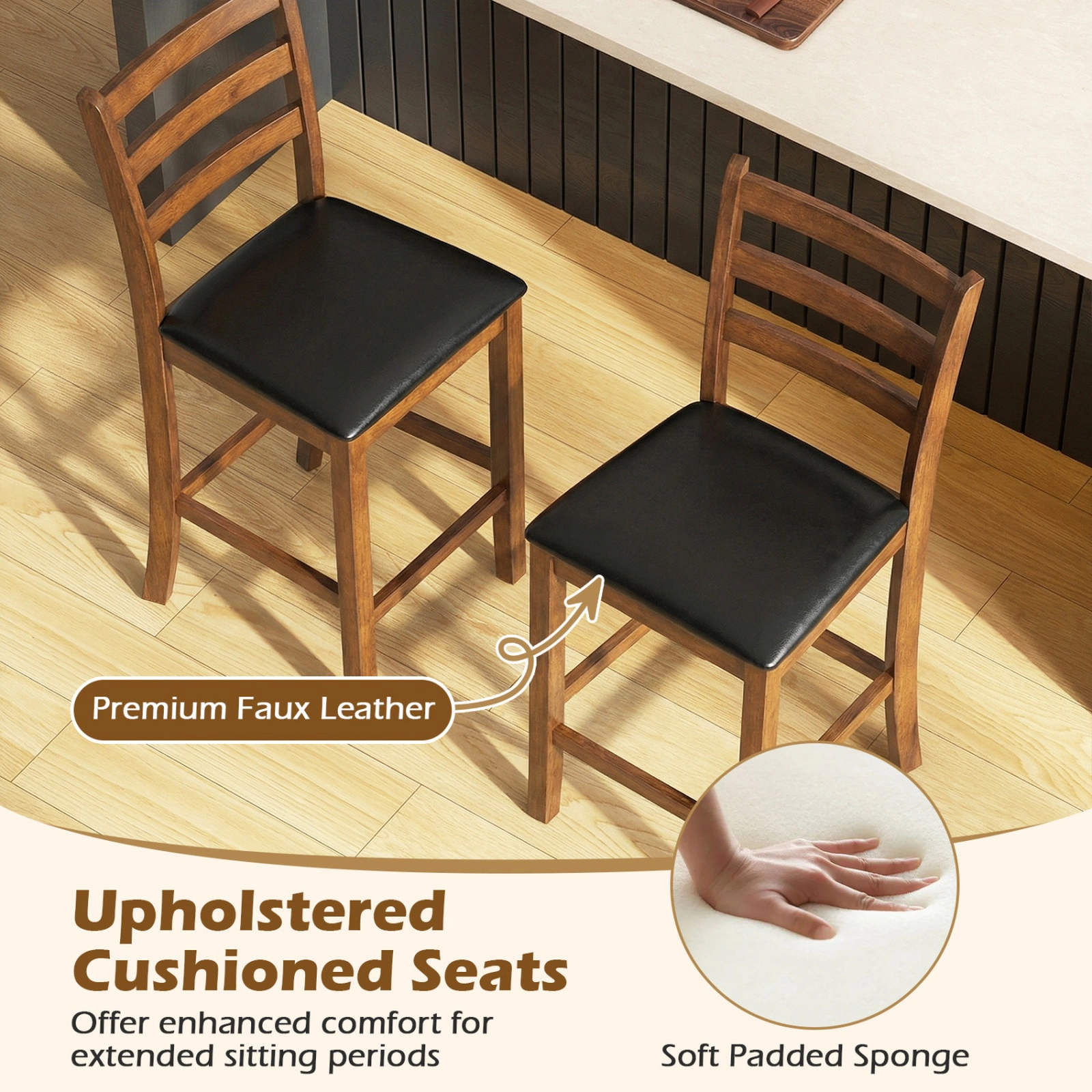 SUGIFT Set of 2 Black PU Leather Seat Ladder Back 24-in Seat H Counter Height Bar Stools Walnut