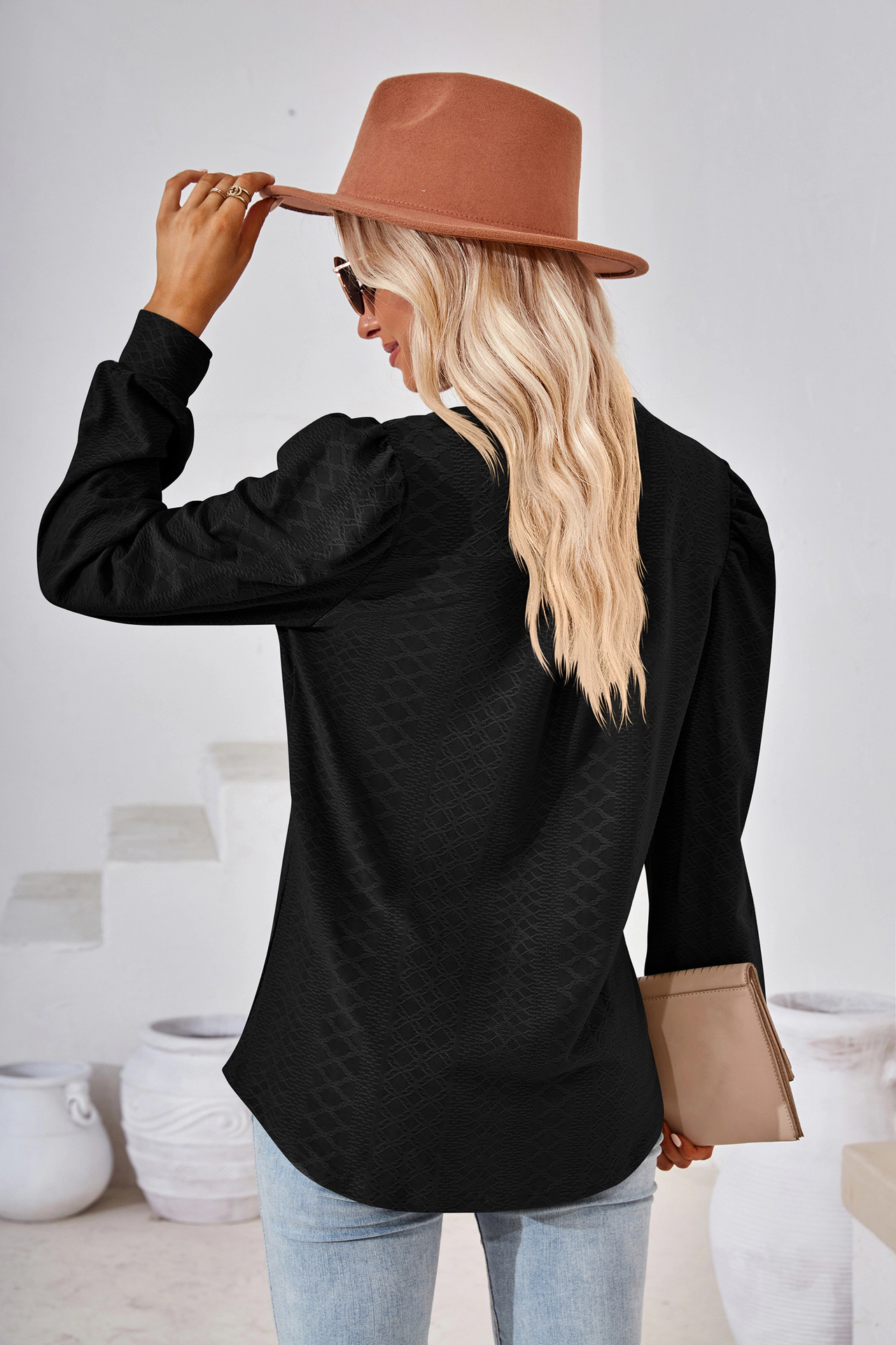 Enchanted Funland Womens V‑Notch Puffed Shoulder Long Sleeve Loose Dressy Blouse Tops
