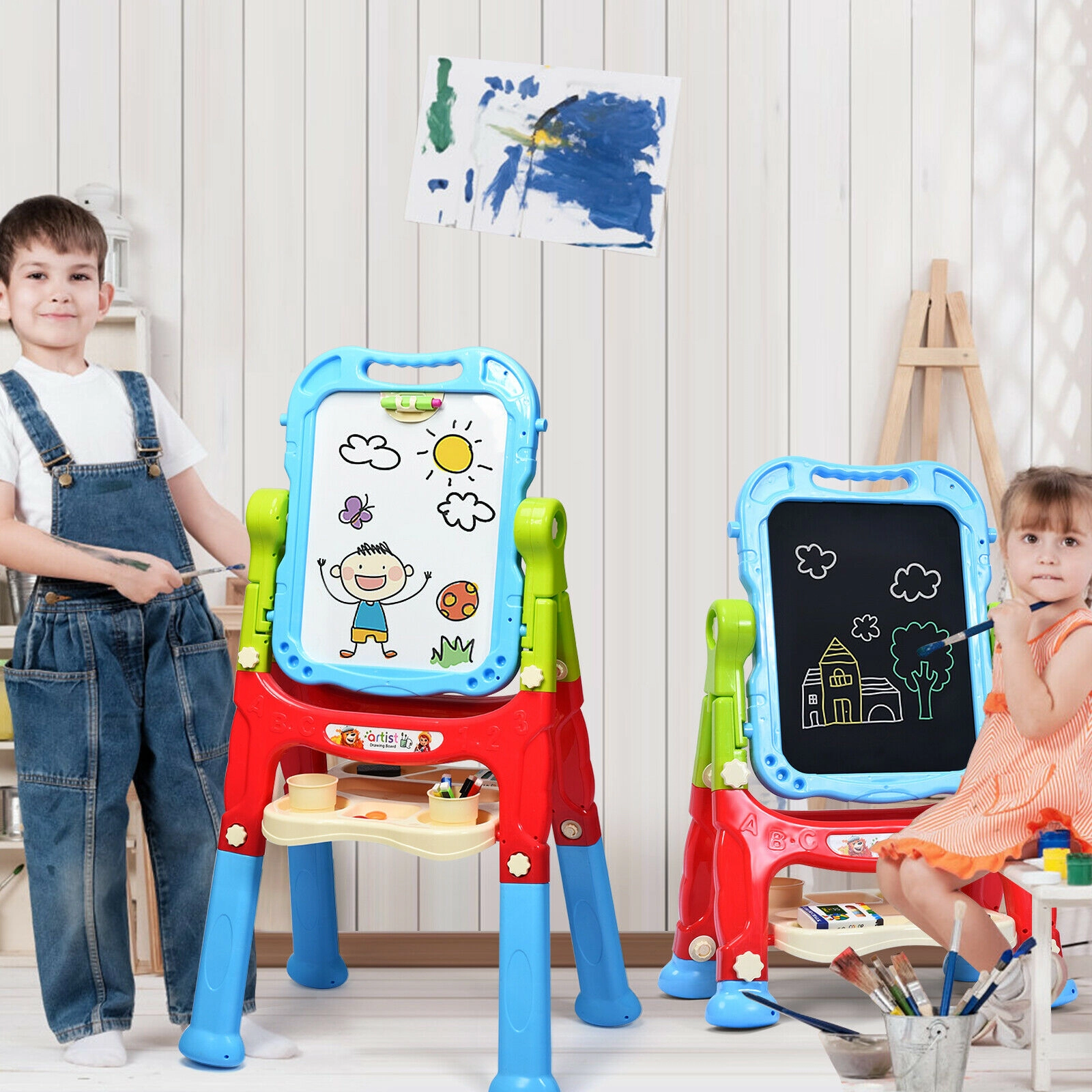 Height Adjustable Kids Easel 360-Degree Rotating Magnetic Double-Sided Board Detachable Panel 2 Leg Lengths Blue