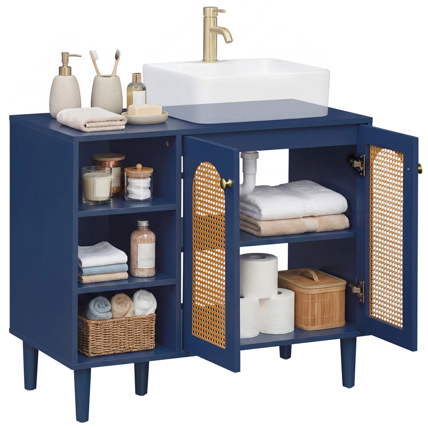 Glintex 36-Inch Under Sink Cabinet with Rattan Doors and 265-Lb Top, Navy