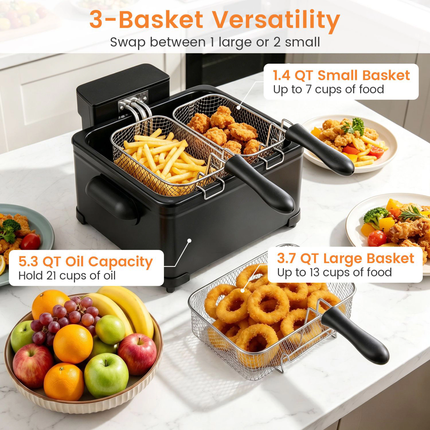 SlickBlue 3-Basket Deep Fryer 5.3 QT, 1700W Electric with Touch Screen
