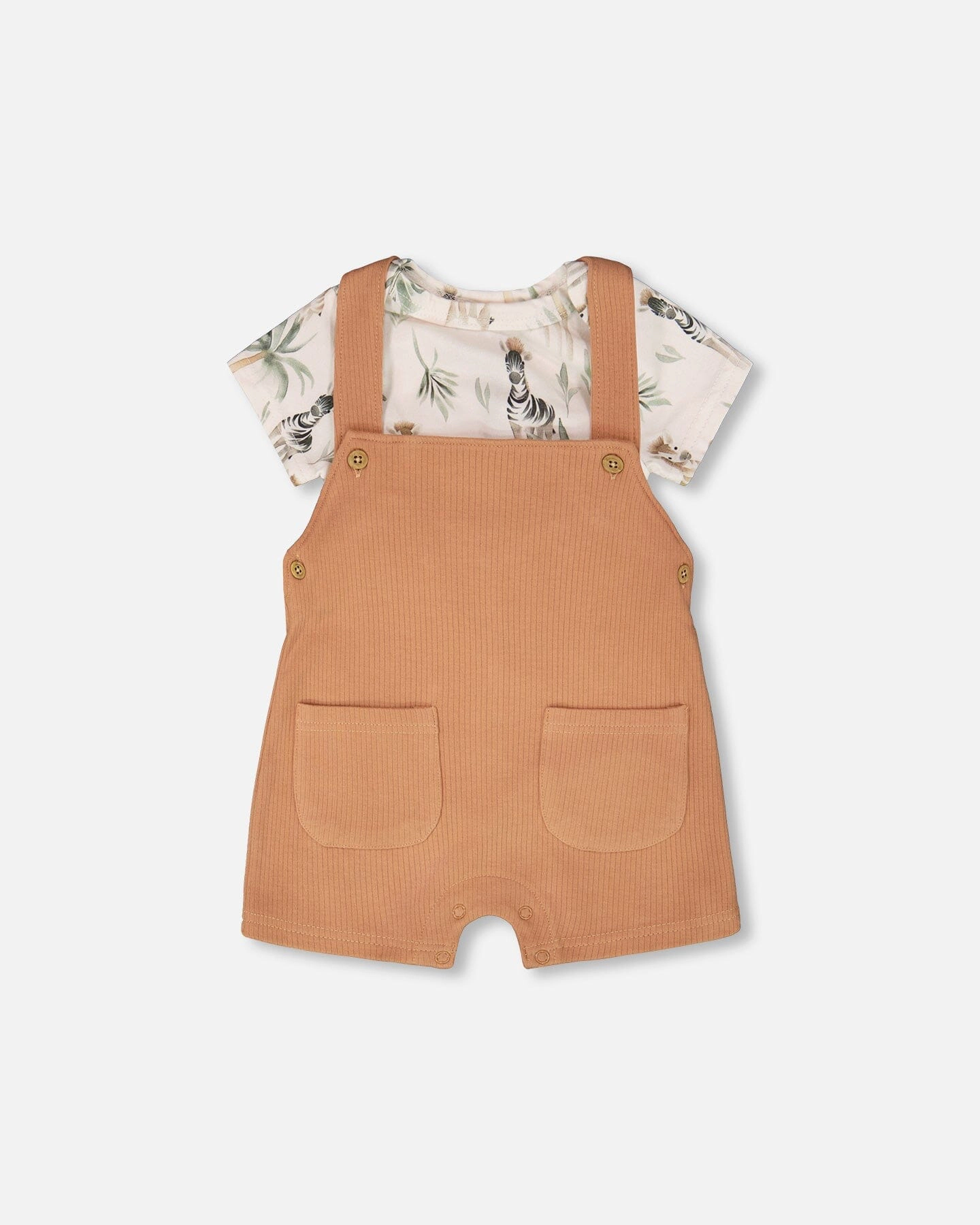Deux par Boys Organic Cotton Jersey Onesie and Rib Shortall Set Zebra Print Caramel