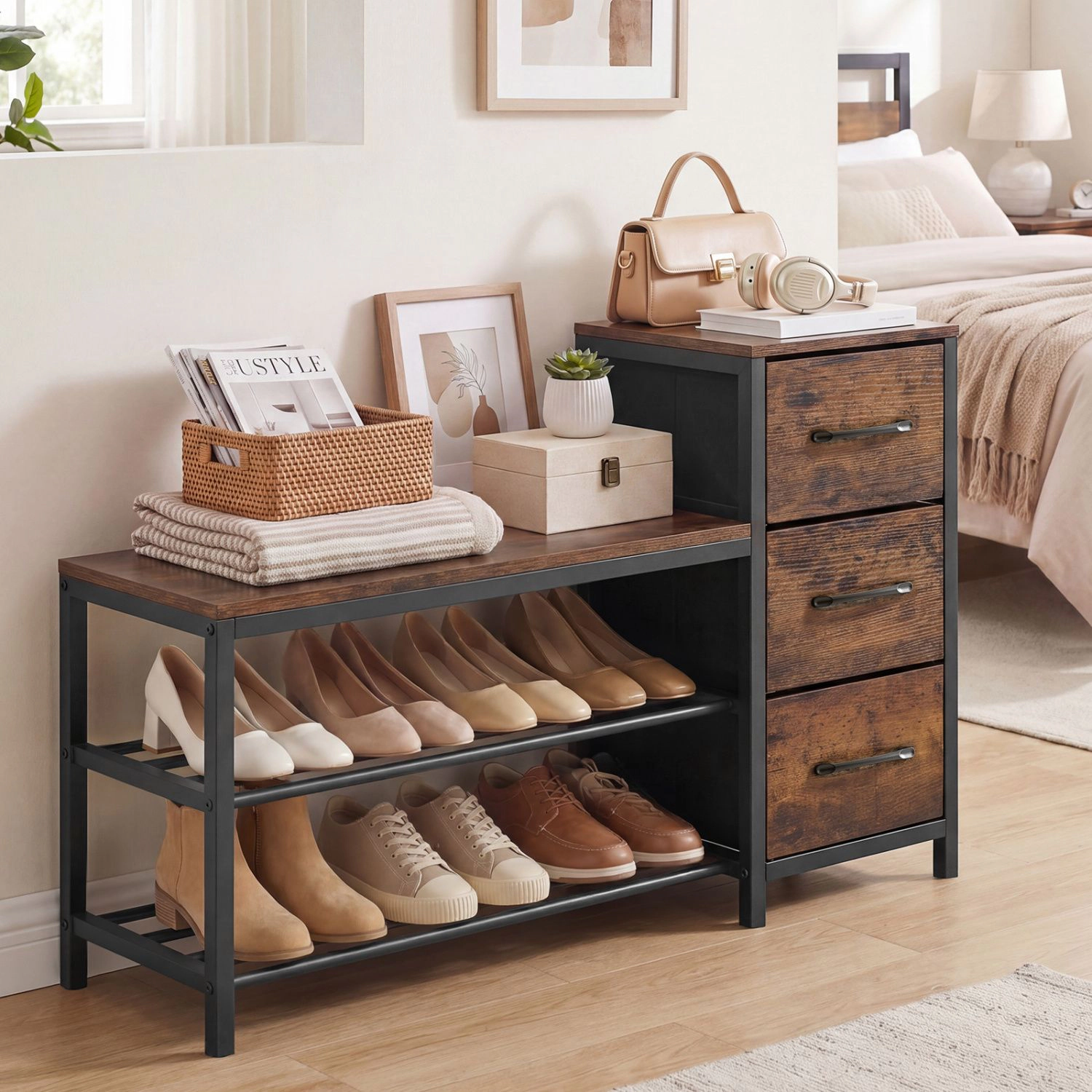 SlickBlue Entryway Shoe Bench with 3 Fabric Drawers and Shelves