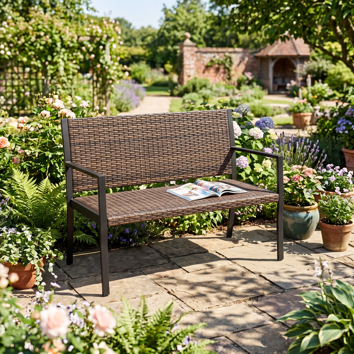 LJG Patio Sun-Proof Rattan Loveseat with Soft Sponge Seat