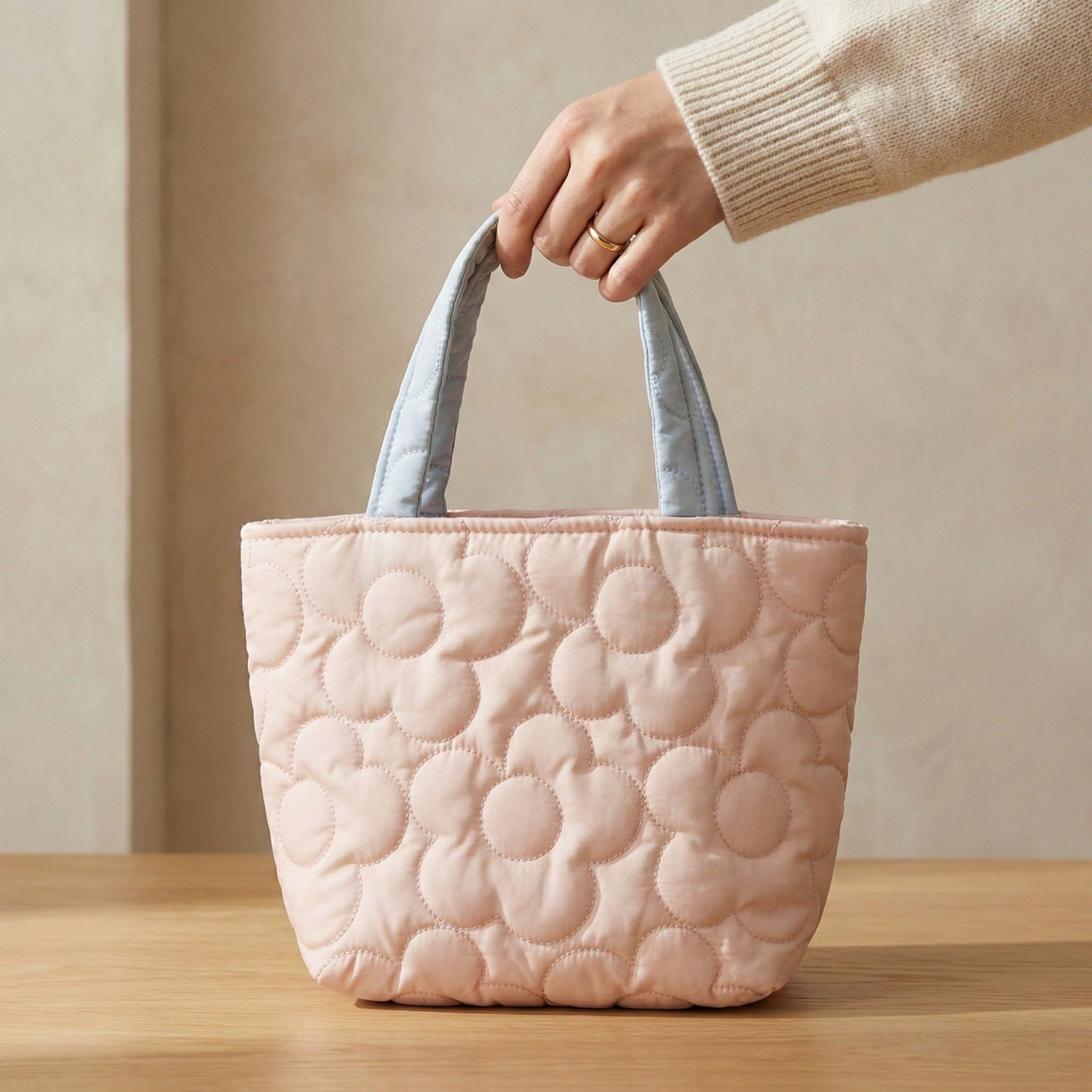Alilang Women's Quilted Floral Tote Bag with Padded Top Handles Lightweight Soft Fabric Design 10.6x7.3x4in