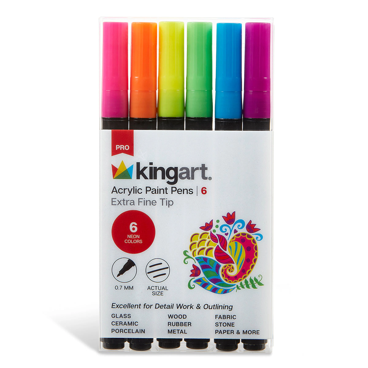 KINGART PRO Acrylic Paint Pens Extra Fine Tip .07mm - Neon Colors 6 Pack