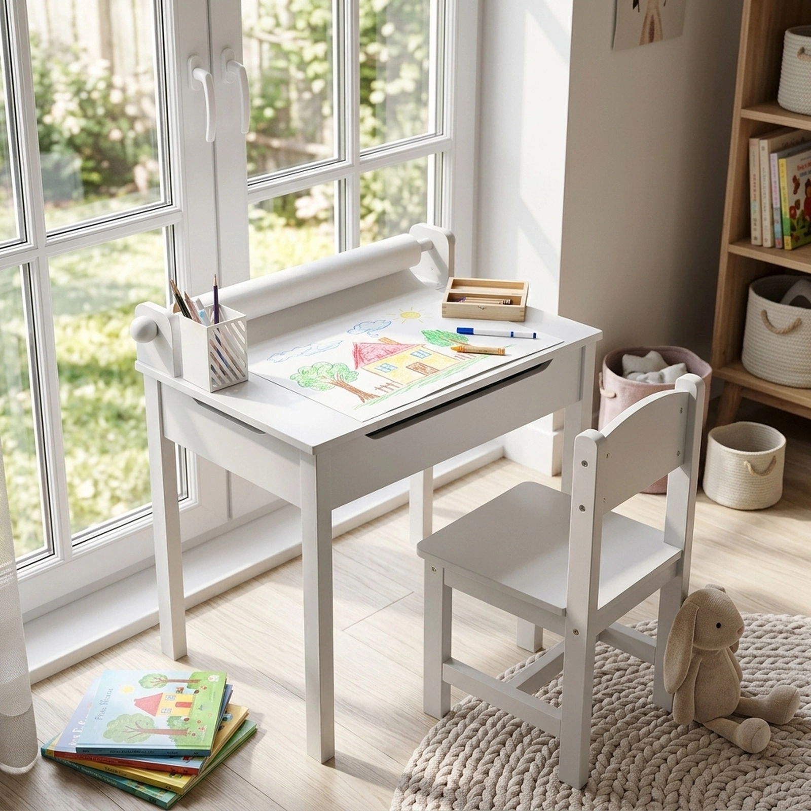 SUGIFT Kids Art Table and Chair Set, Wooden Craft Desk with Paper Roll Holder and Tilting White Tabletop