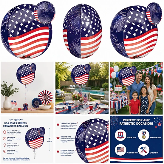 LoonBalloon 16 in Sphere USA Stars Stripes Patriotic Fireworks Balloon ...