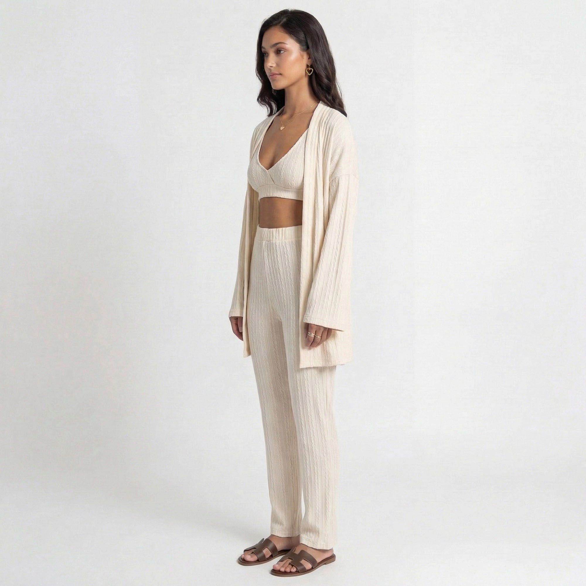 Anna-Kaci Women's 3-Piece Pajama Set with Textured Woven Knit Bra Top Open Cardigan and High Waist Pants