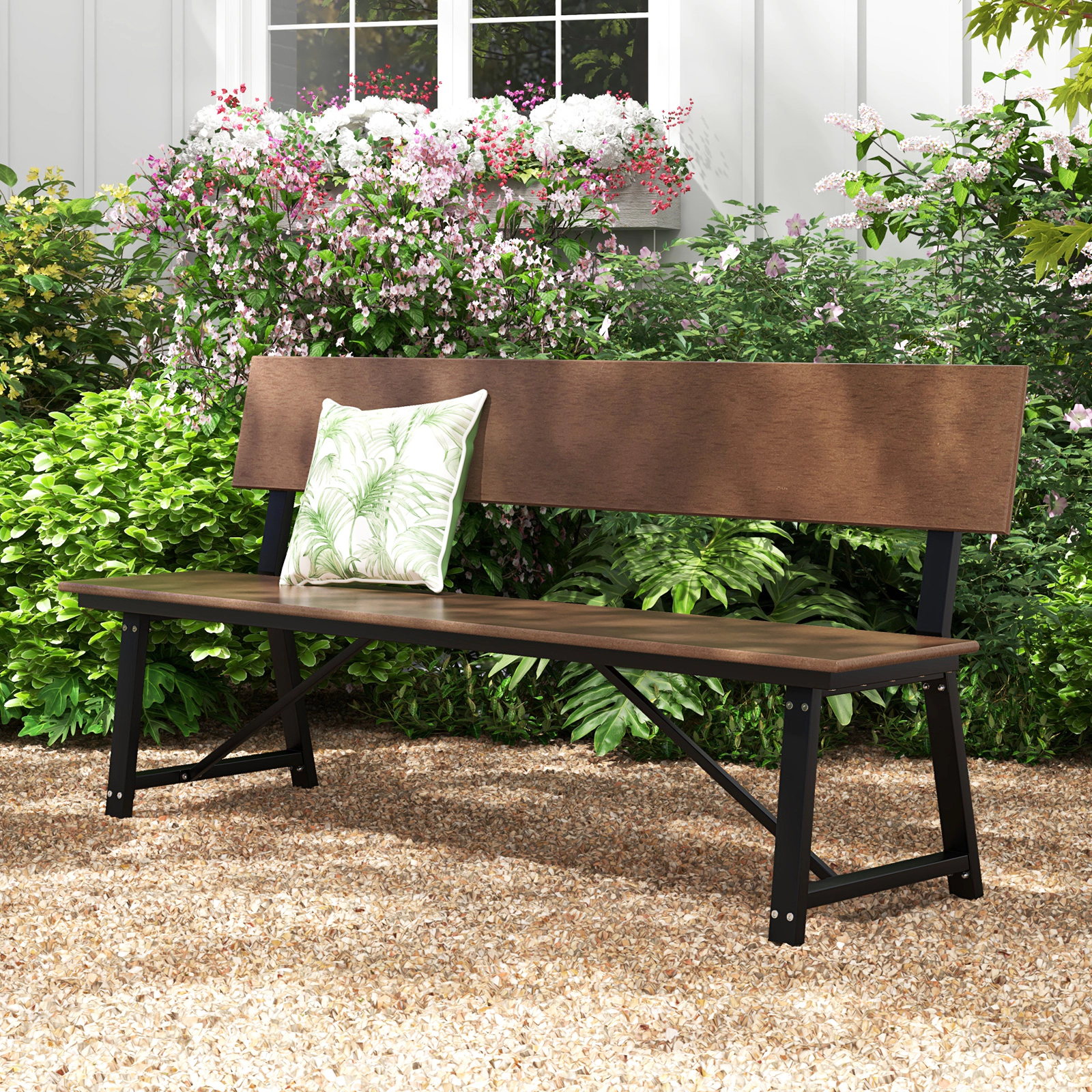 SUGIFT 72-in Extra Long Outdoor Garden Bench with Backrest 1100-lb Capacity Brown/Gray