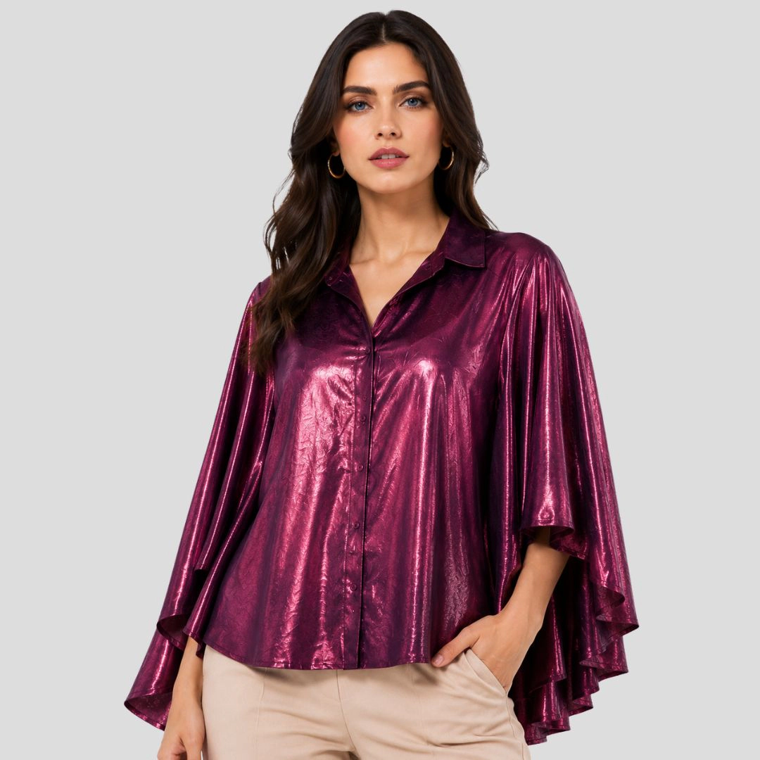 Artyska Women's Metallic Jacquard Cape-Sleeve Button-Front Blouse