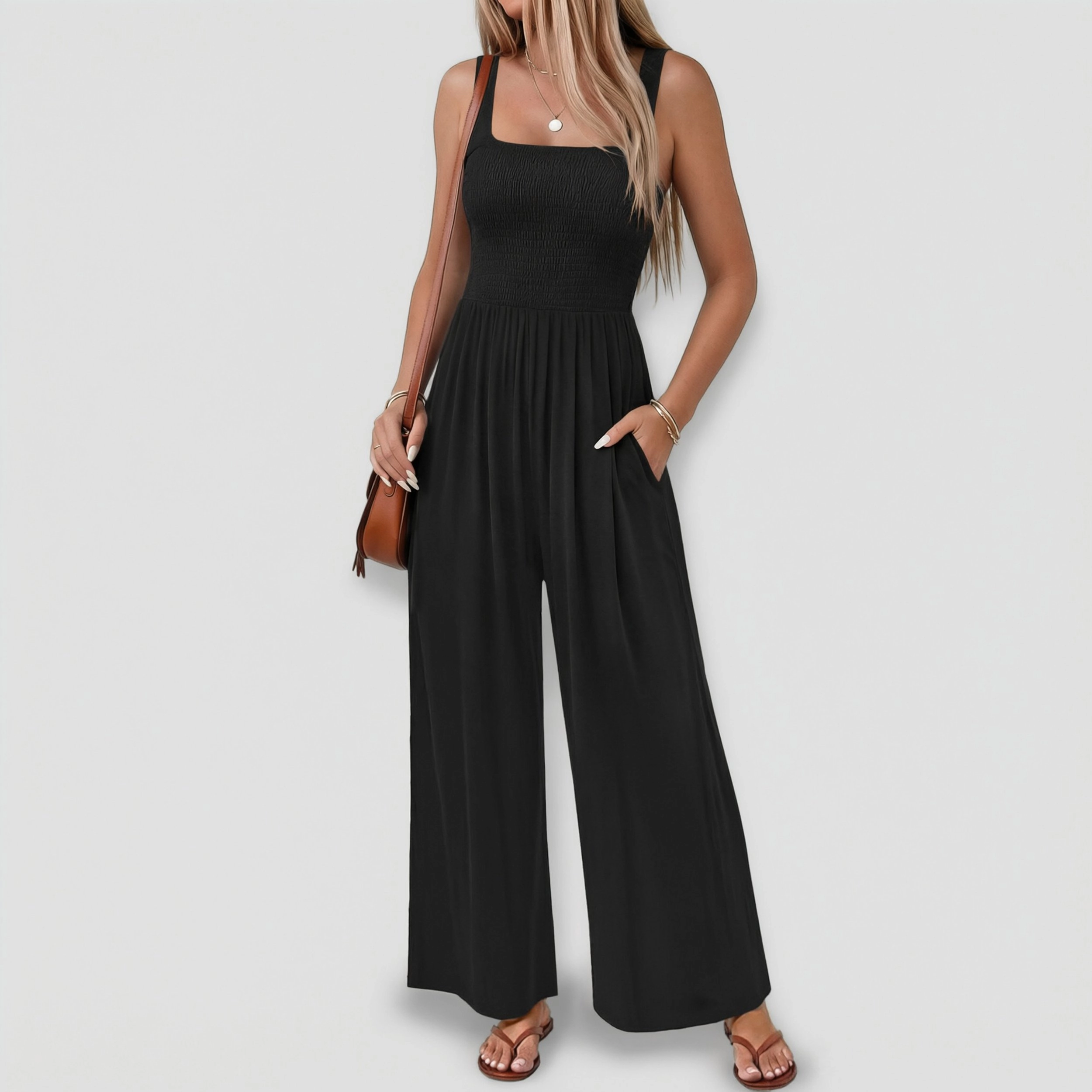Ekouaer Women's Sleeveless Floral Square Neck Wide Leg Jumpsuit