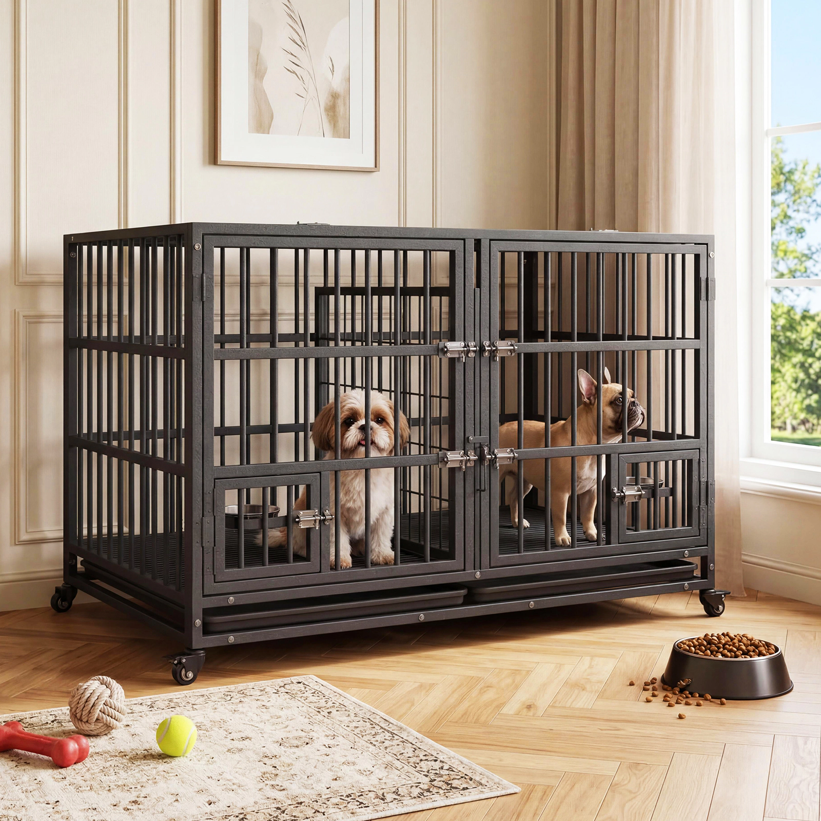 Heavy Duty Extra Large Metal Dog Crate with Roof Top, 2 Doors, Removable Tray & Wheels for High Anxiety Giant Breeds