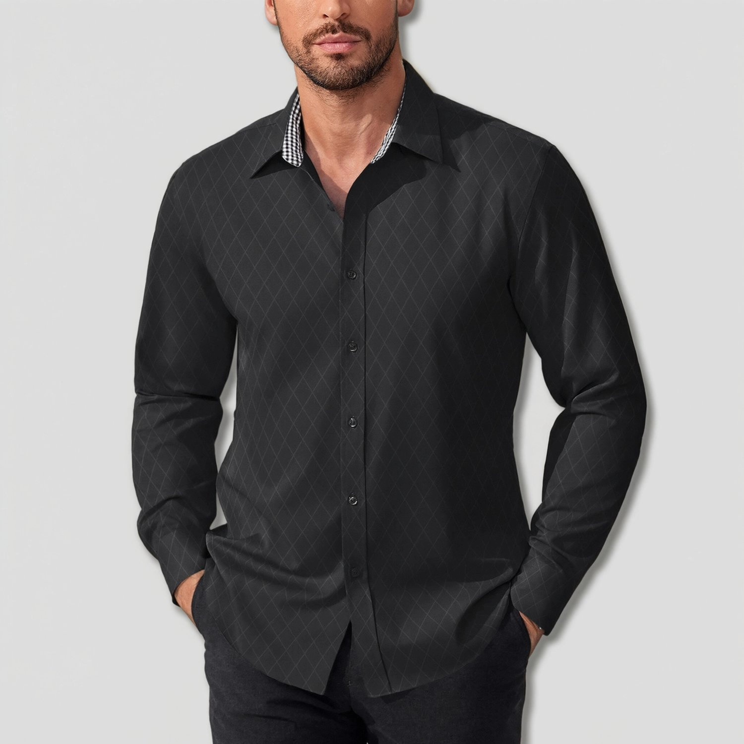 COOFANDY Mens Burgundy Diamond Print Long Sleeve Contrast Cuff Casual Dress Shirt