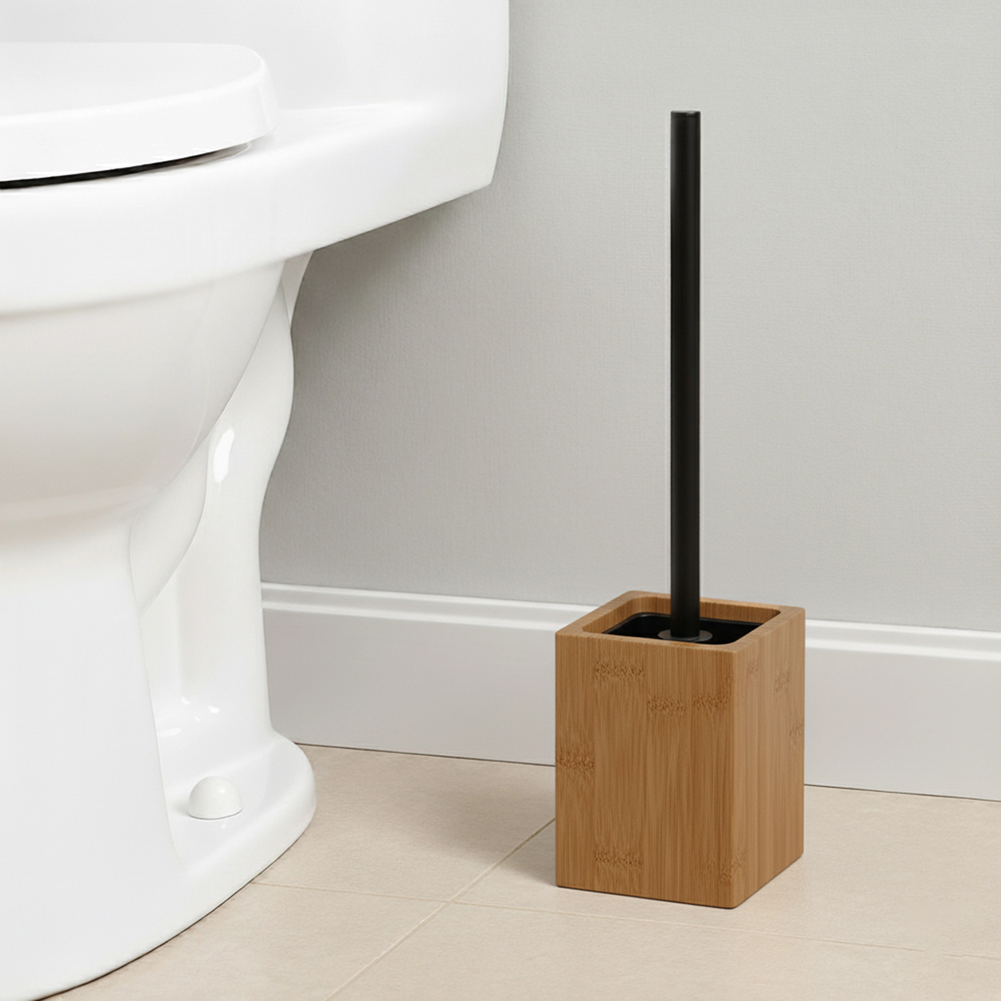 Evideco French Home Goods Acacia Wood Toilet Brush and Holder Set - Square Base, Black Handle