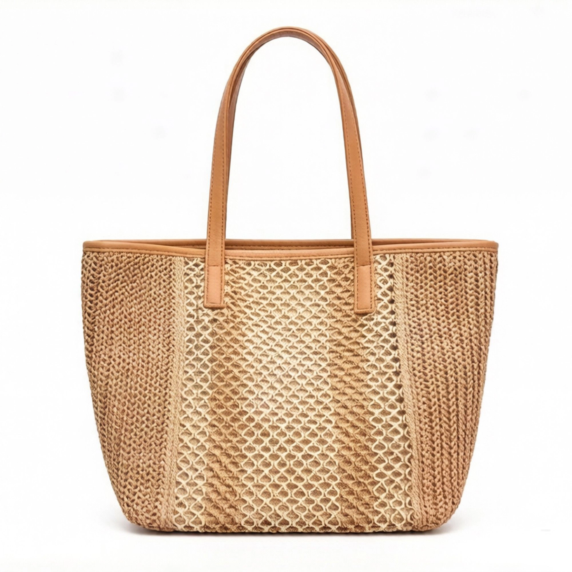Alilang Women's Woven Crochet Tote Bag with Textured Panel Design Leather Shoulder Strap Lightweight Handbag