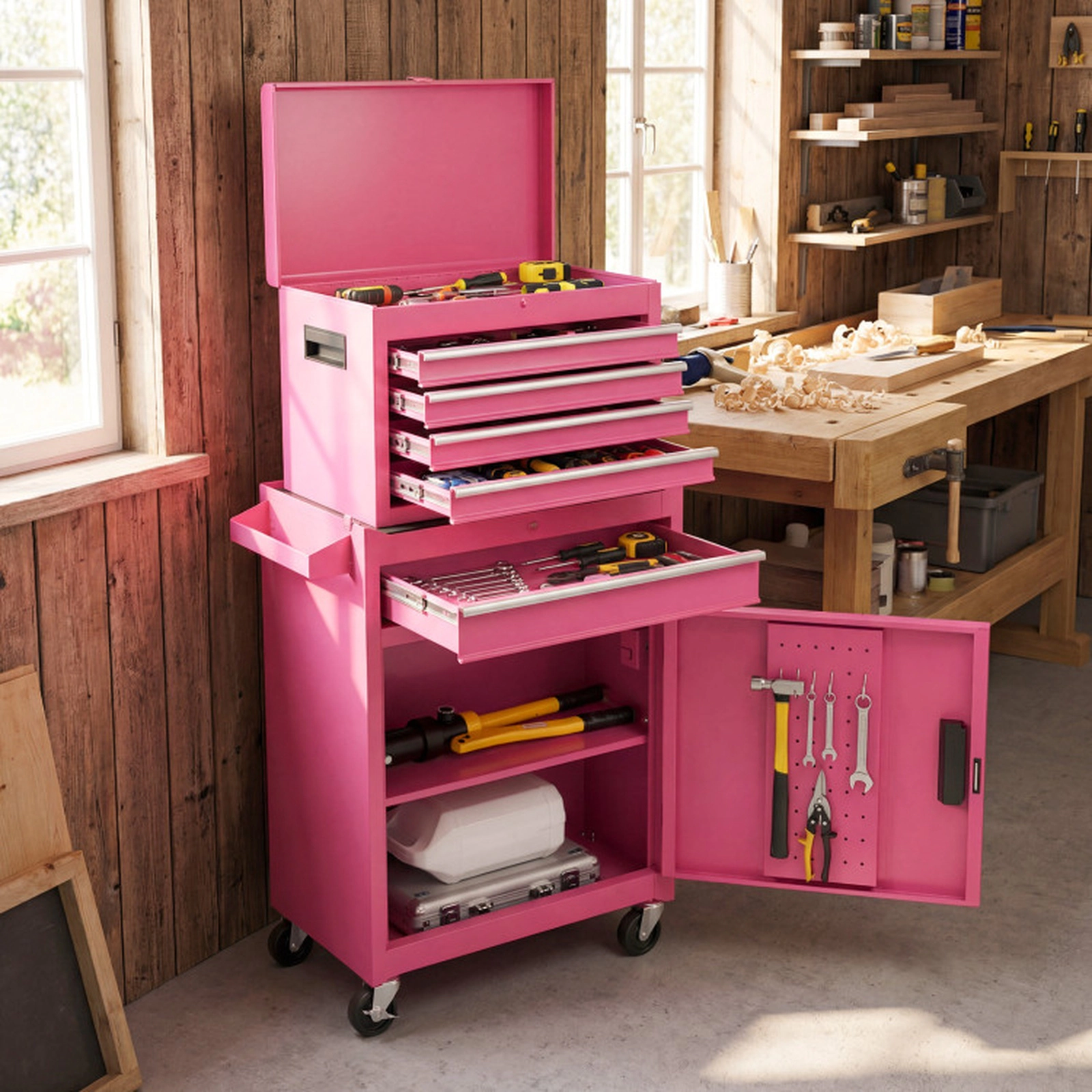 SUGIFT 2-in-1 5-Drawer Detachable Lockable Steel Rolling Tool Chest Cabinet 23-in x 11-in x 40.5-in 220.5-lb Pink