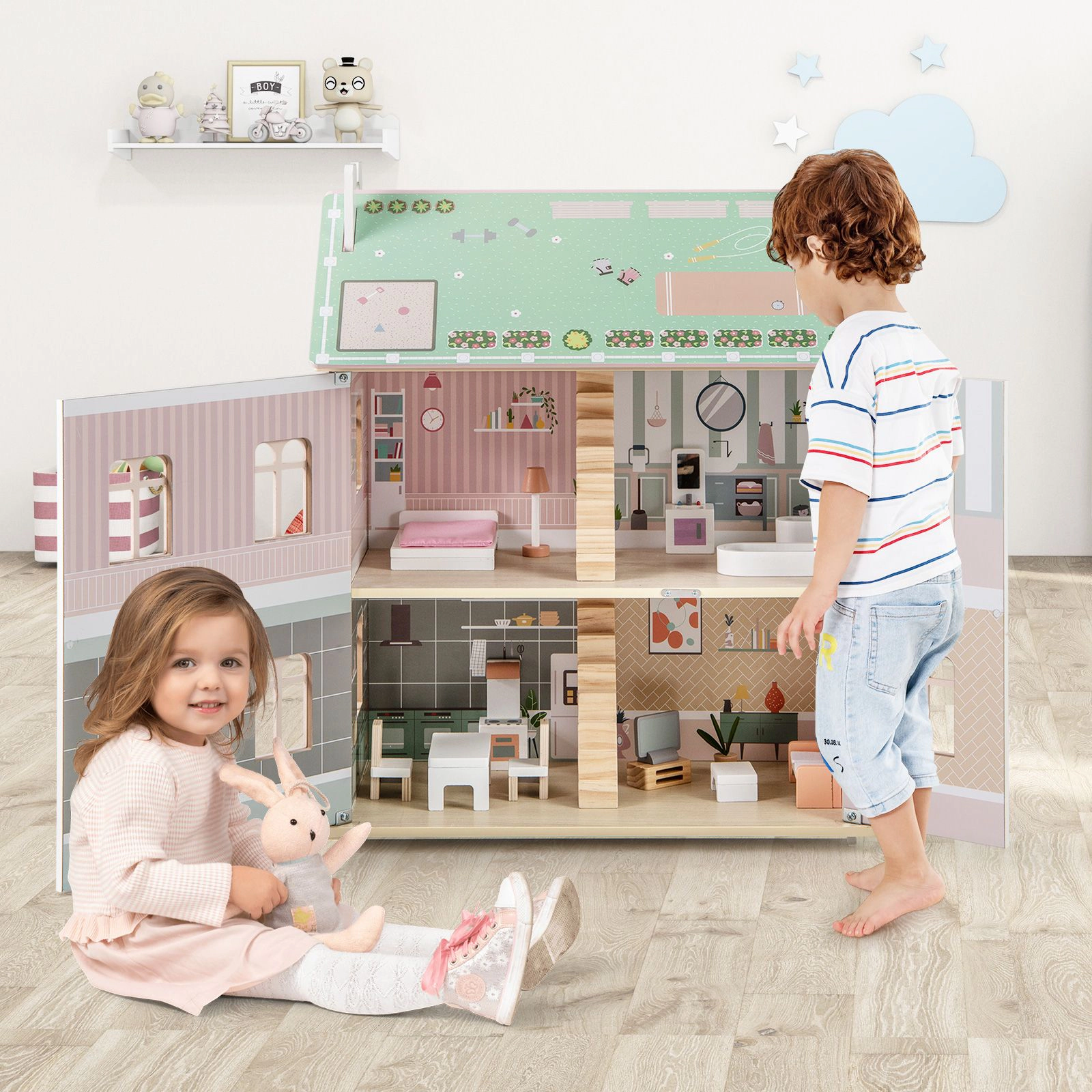 SlickBlue Kids Wooden Dream House with Realistic Rooms and Removable Roof Design