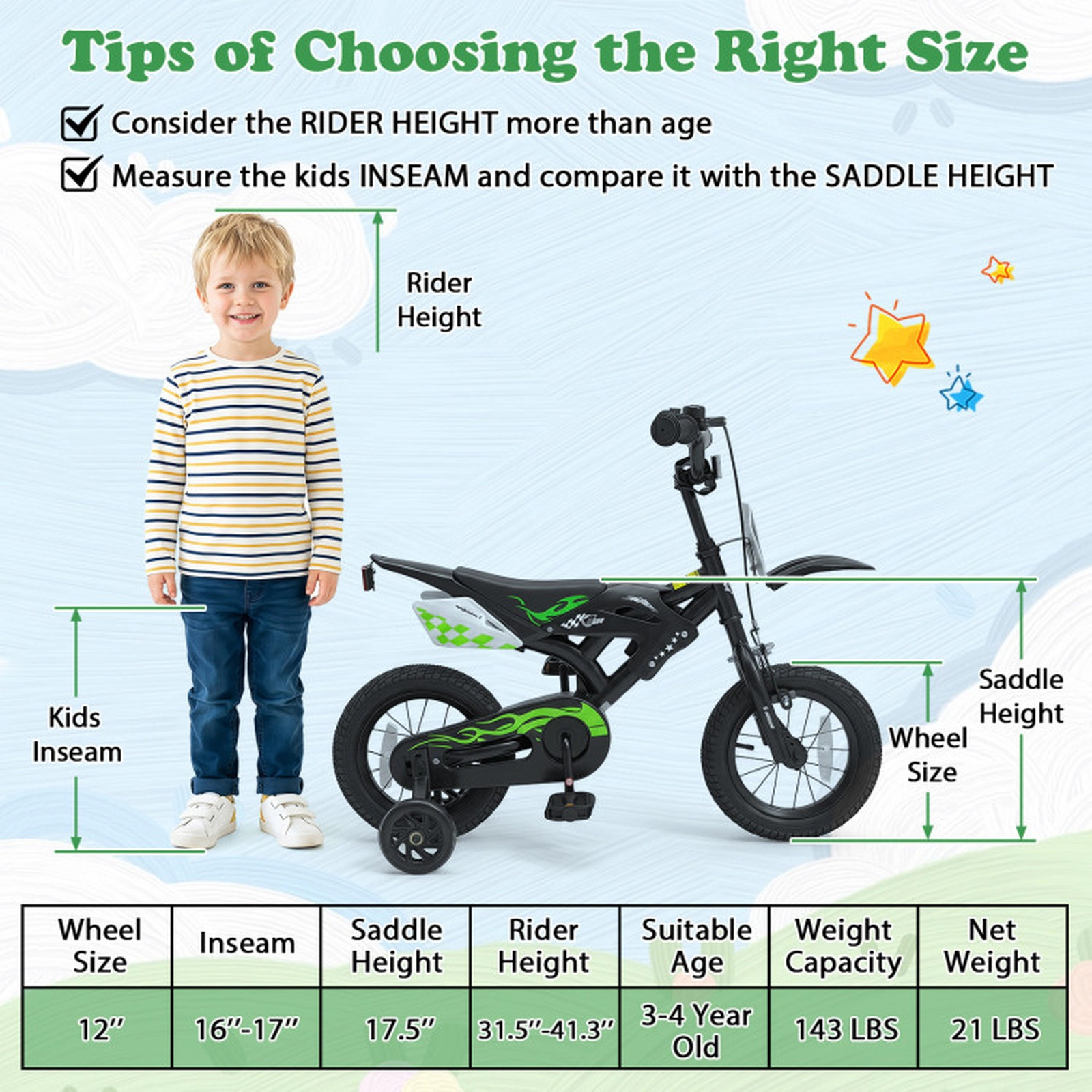 SUGIFT Motorcycle-Inspired 12-Inch Kids Bicycle with Training Wheels 143-lb Capacity Ages 3-4 Years 36-in Frame Black