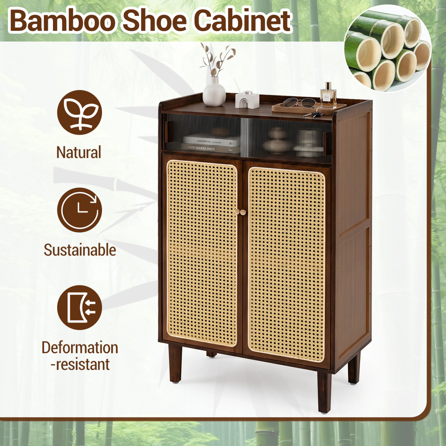 Glintex 5-Tier Bamboo Shoe Cabinet with Sliding Rattan Doors and 110-Lb Top, Walnut