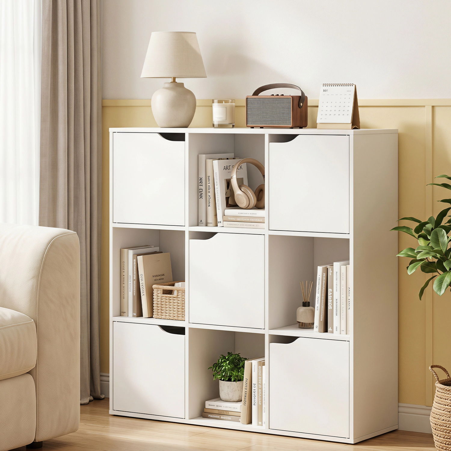 LJG Free Standing 9 Cube Storage Wood Divider Bookcase for Home and Office