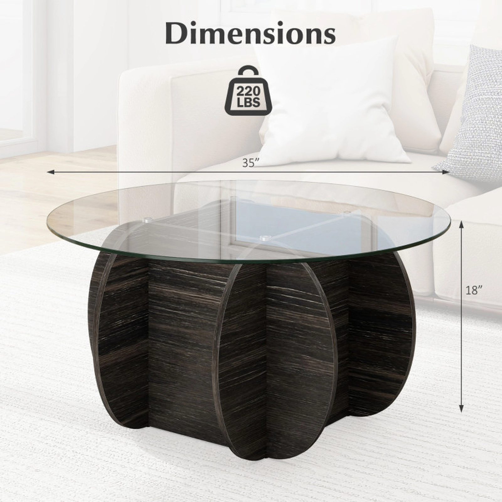 SUGIFT Round 8-mm Tempered Glass Top Hidden Compartment Coffee Table 35-in x 35-in x 18-in 220-lb Capacity Black