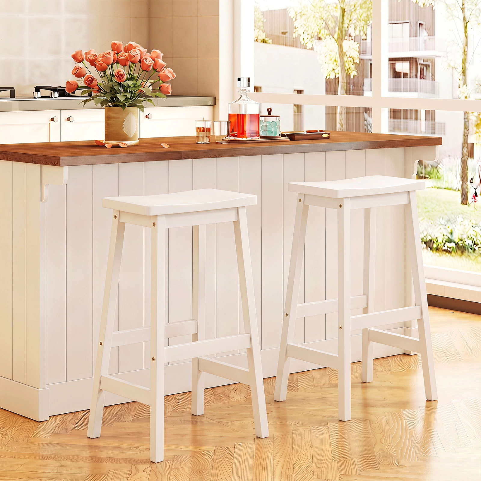 SUGIFT Footrest Set of 2 Beige 29 in Saddle Seat Bar Stools Solid Rubber Wood Backless