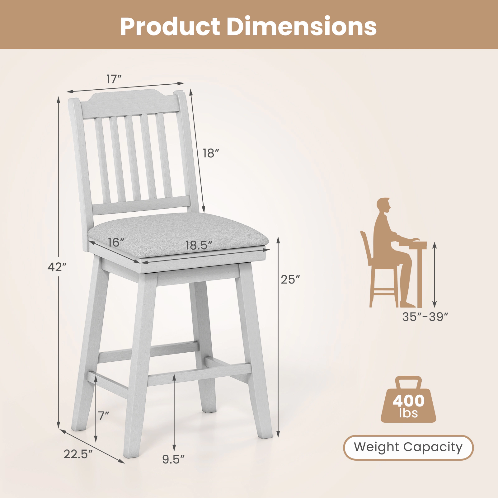 SUGIFT 25-in Modern Upholstered Swivel Counter-Height Bar Stools Set of 2 400-Lb Capacity with Footrests Gray