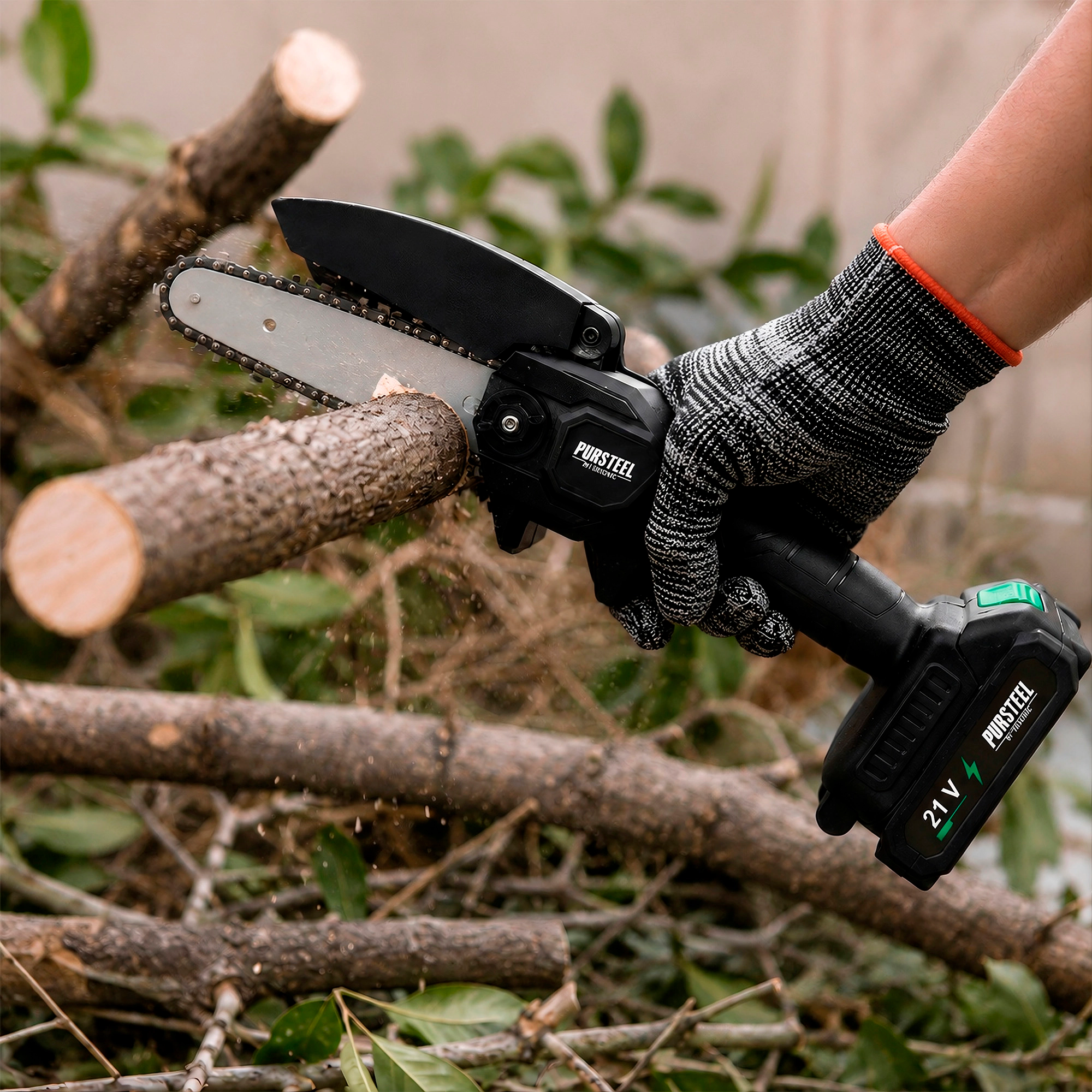 Pursonic Unisex Cordless 21V Mini Chainsaw – 6-Inch Battery Powered Handheld Pruning Saw