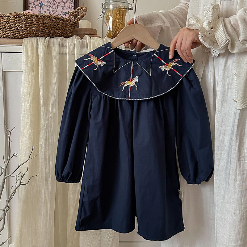 MyKids-USA Preppy Style Autumn Girls Horse Embroidery Collar Long Sleeves Dress