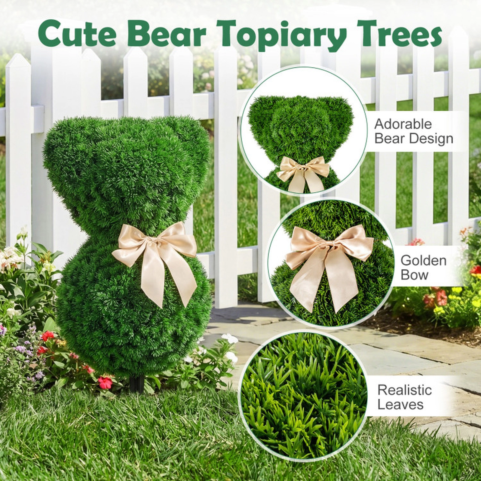 SUGIFT 2-Piece Teddy Bear Faux Boxwood Topiary Trees with Ground Spikes Sun-Resistant PE + PP Green + Golden