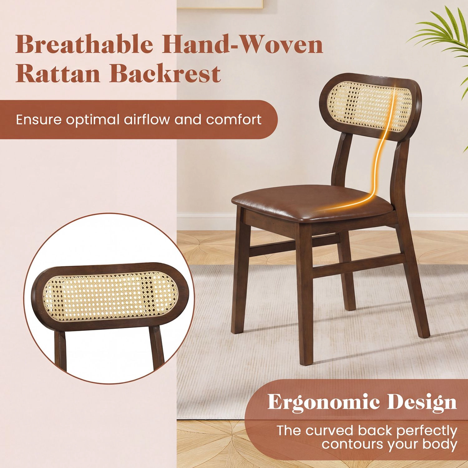 SlickBlue Set of 2 Dining Chairs with Rattan Backrest and PU Seat