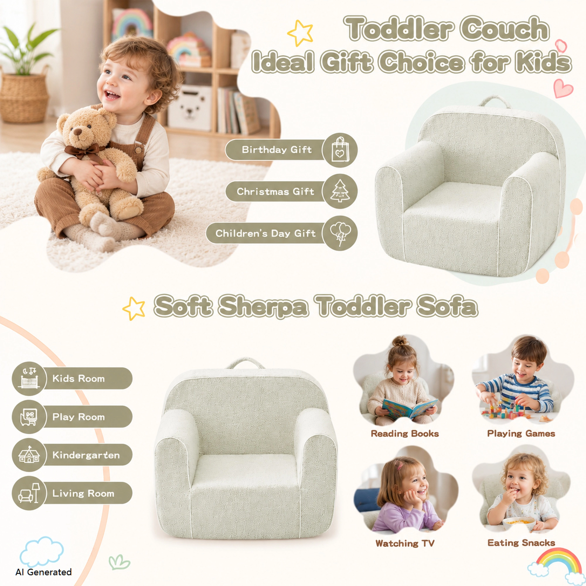 Unikome Kids Foam Couch Chair – Toddler Armchair Ages, Soft Plush Portable Children Sofa with Handle