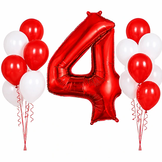LoonBalloon 34-Inch Red Number 4 Foil Balloon Set with 8 Red and White ...