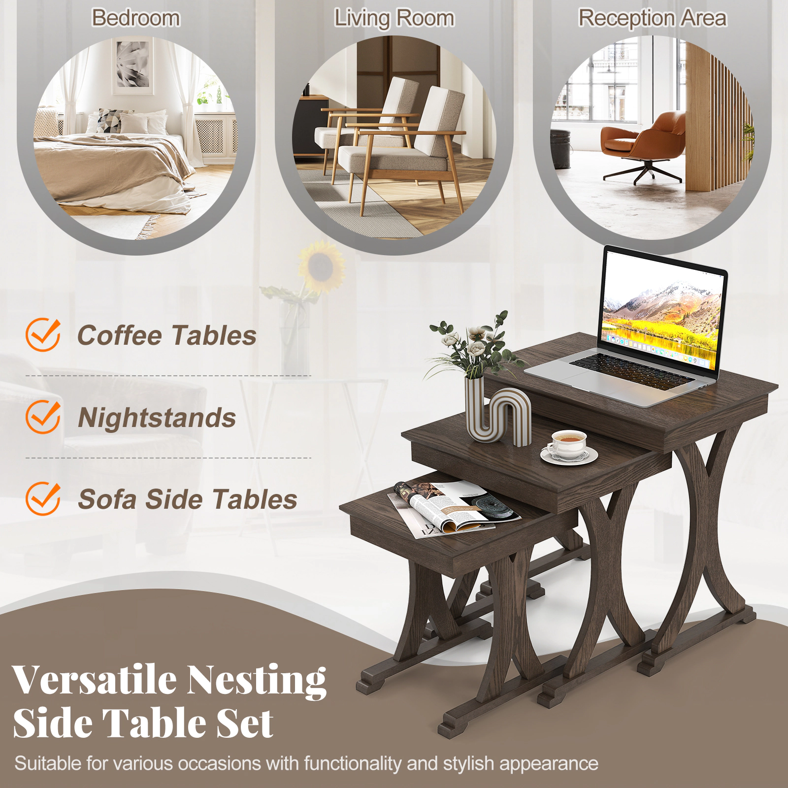 Glintex 3-Piece Nesting Coffee Table Set with Solid Rubber Wood Legs, Brown