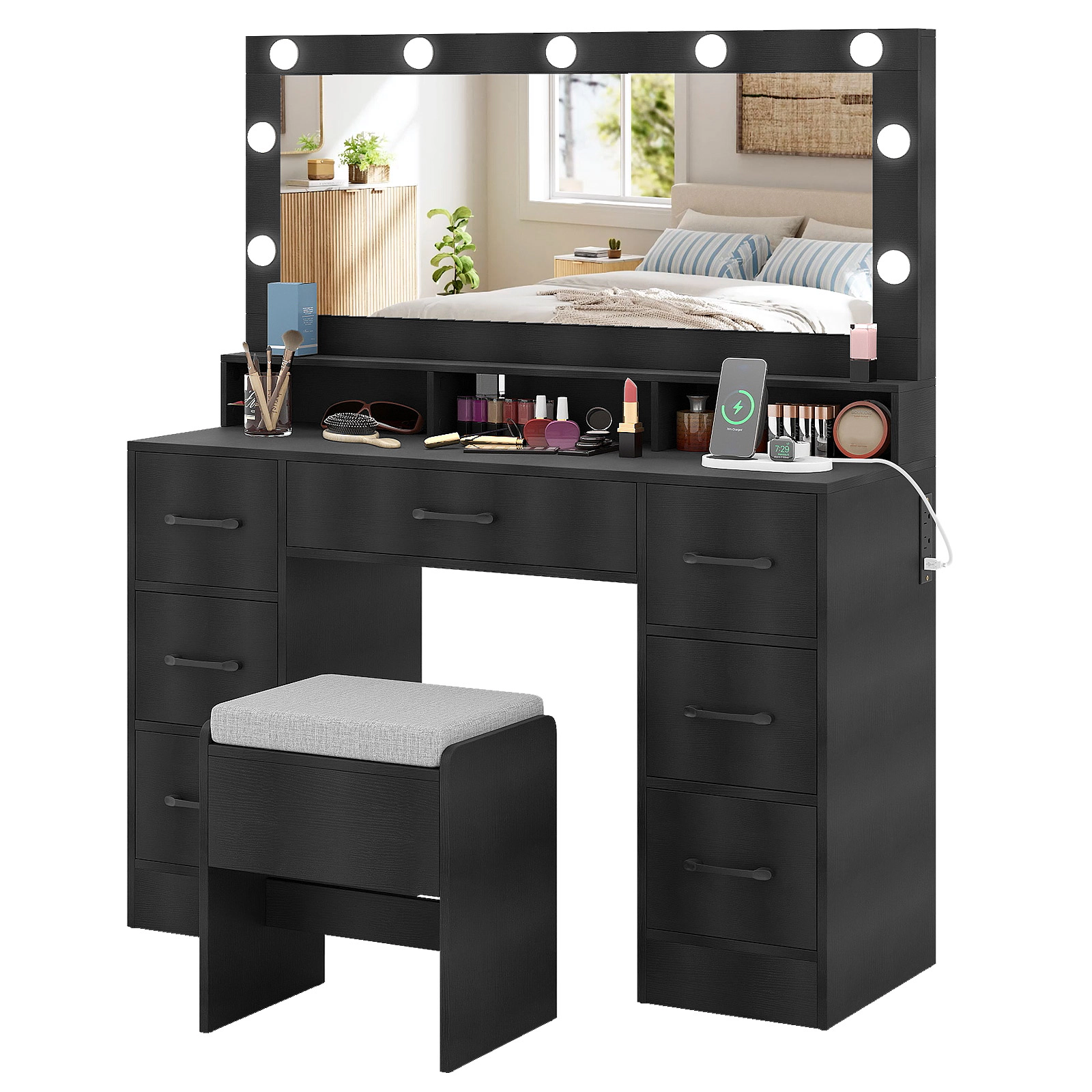 SUGIFT 46.5-in Vanity Desk Set with Lighted Mirror, 7 Drawers and Storage Stool