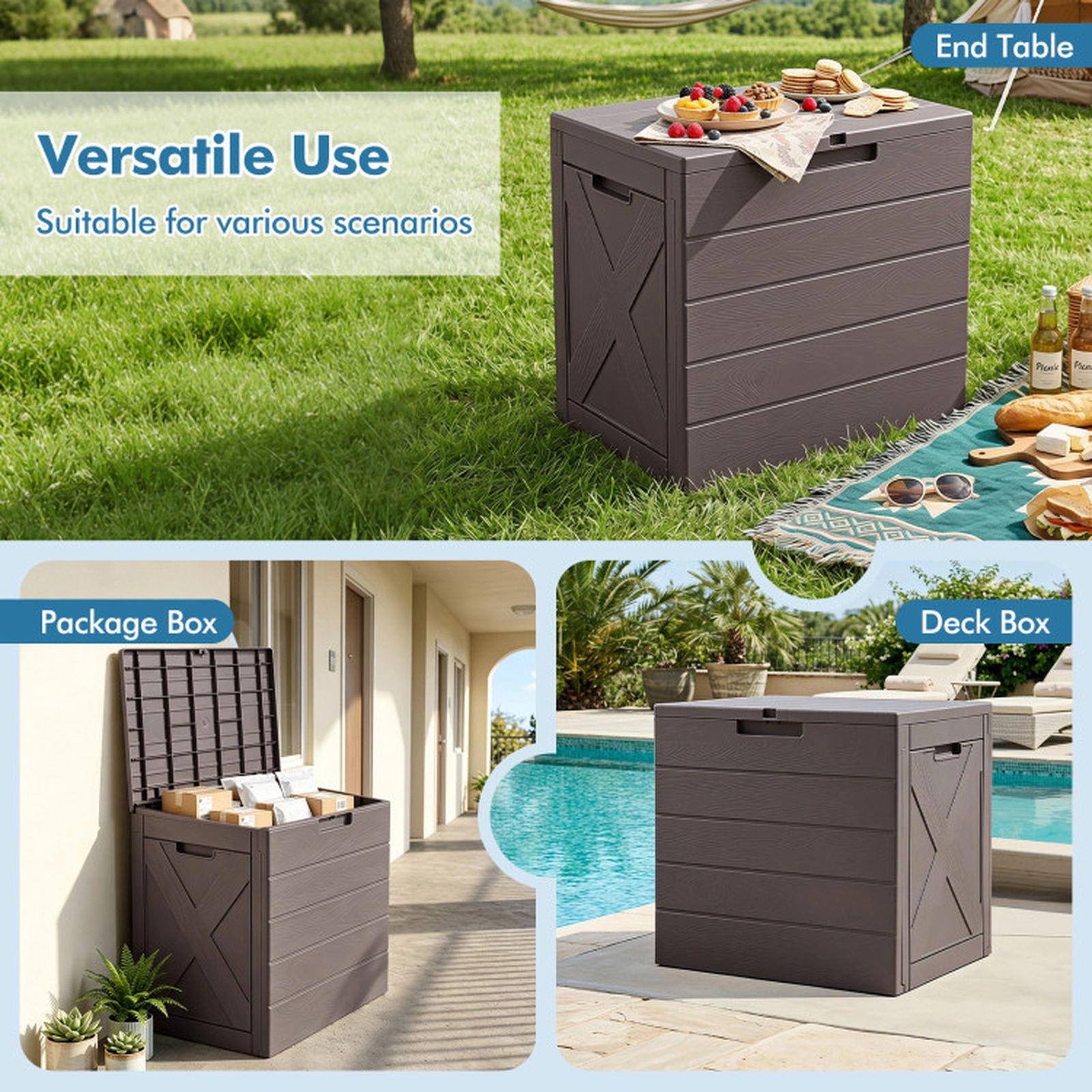 SUGIFT 25-Gallon Outdoor Deck Storage Bin Box with Flip Lid Lock Hole Carry Handles 110-lb Lid Capacity 22-in Wide Brown