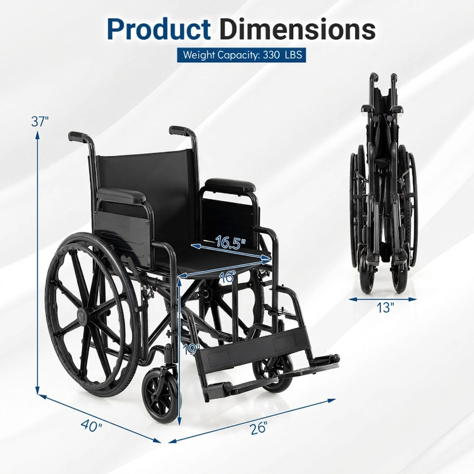 SUGIFT Black Folding Wheelchair with Swing-Away Footrests and Desk Arms 40-in W 26-in D 330-lb Seat Capacity