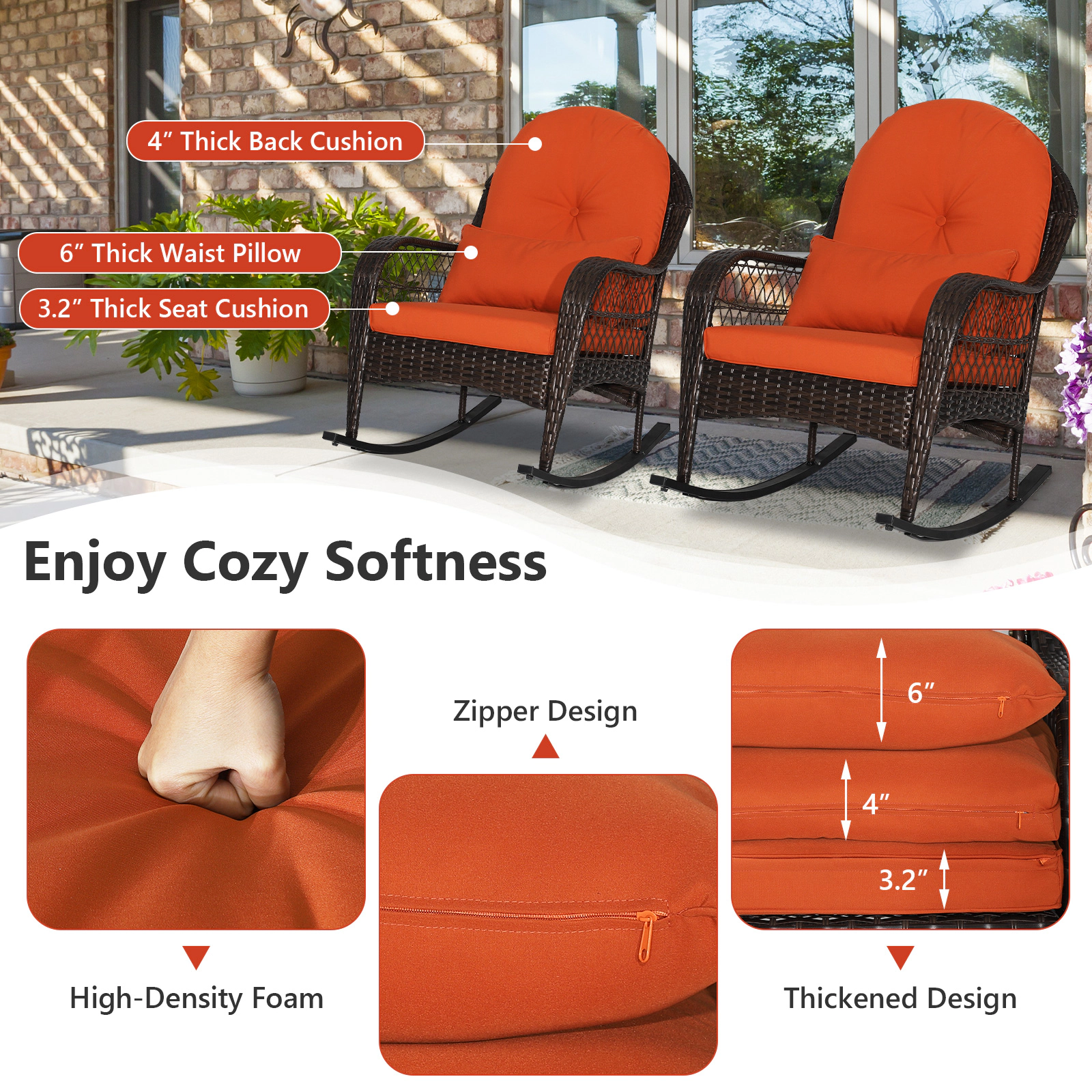 SUGIFT Outdoor PE Rattan Rocking Chair with Cushions and Lumbar Pillow